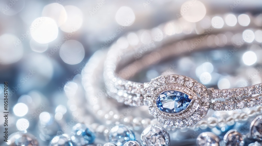 A close-up of elegant jewelry featuring sparkling diamonds and a blue gemstone, showcasing luxury and beauty. A close-up of elegant jewelry featuring sparkling diamonds and a blue gemstone, showcasing luxury and beauty.