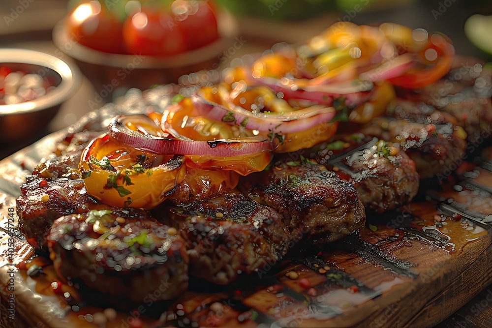 A flavorful kebab with grilled meat, vegetables, and flatbread. A flavorful kebab with grilled meat, vegetables, and flatbread.