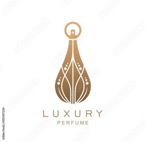 Luxury golden bottle perfume fragrance icon for premium brand, vector emblem. Perfume bottle of golden line ornament for luxury perfume brand sign or boutique store and perfumery company badge
