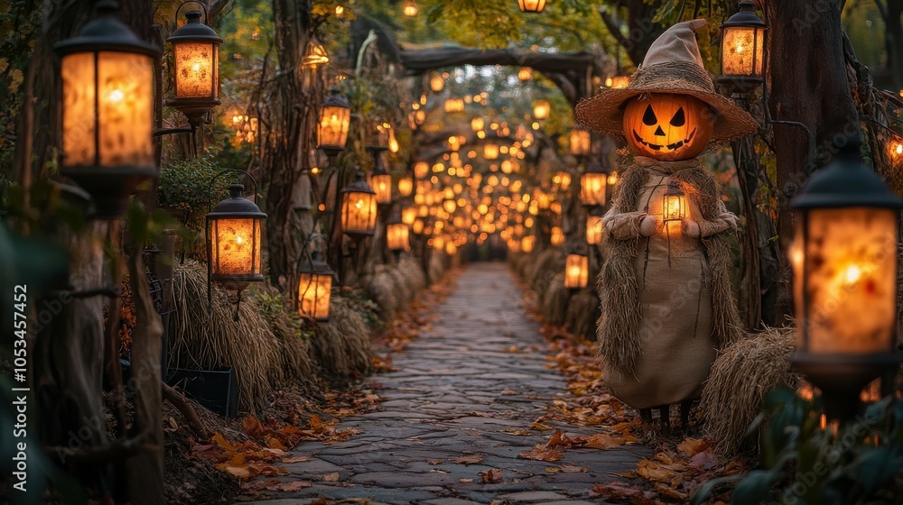 Pathway lined with scarecrows and lanterns Pathway lined with scarecrows and lanterns