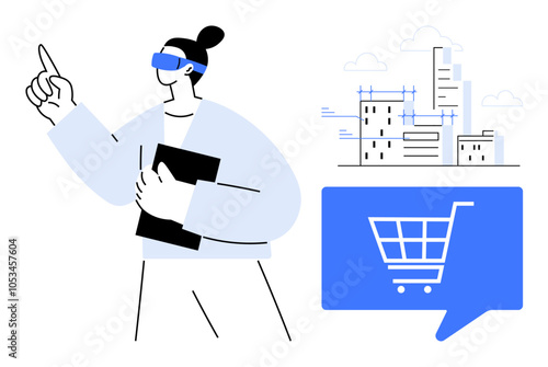 Person wearing VR headset pointing upwards, holding a tablet, city buildings visualized digitally in background, shopping cart icon. Ideal for virtual reality, architecture, urban planning