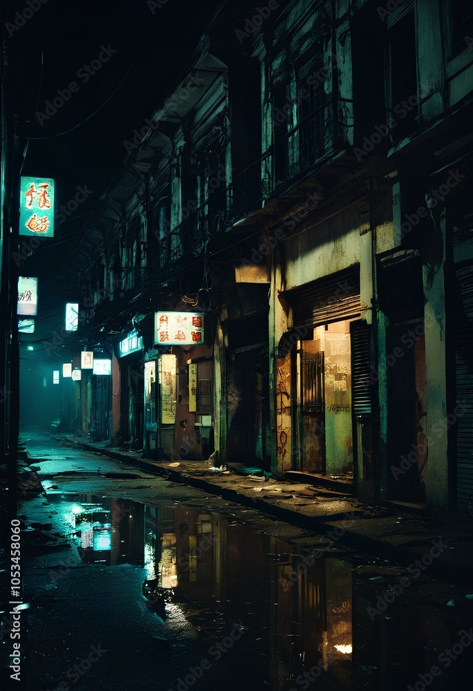 Fototapeta premium An eerie night scene of a commercial building captured on a 90s film camera. The street is dimly lit by a few street lamps. This creates deep shadows that add mystery to the place.