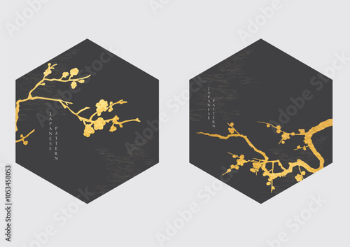 Japanese background with gold and black branch of flower texture painting texture. Oriental natural gold watercolor decoration black banner design in vintage style.