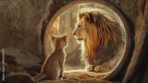 A kitten sees its reflection as a lion, symbolizing inner strength and transformation.