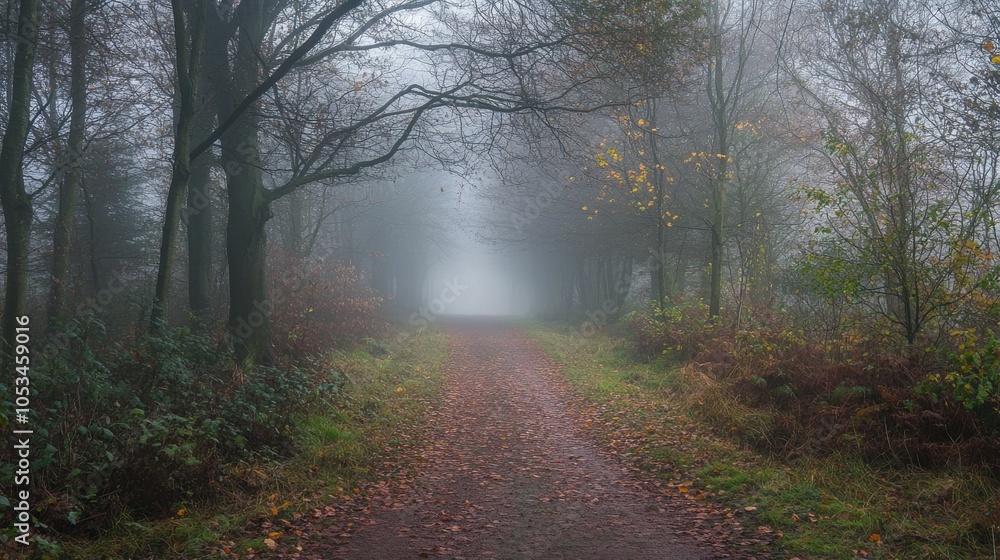 Fototapeta premium Pathway through a woodland covered in mist