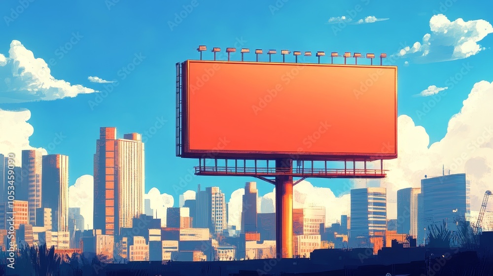 A large, empty billboard stands against a vibrant city skyline under a bright blue sky. A large, empty billboard stands against a vibrant city skyline under a bright blue sky.