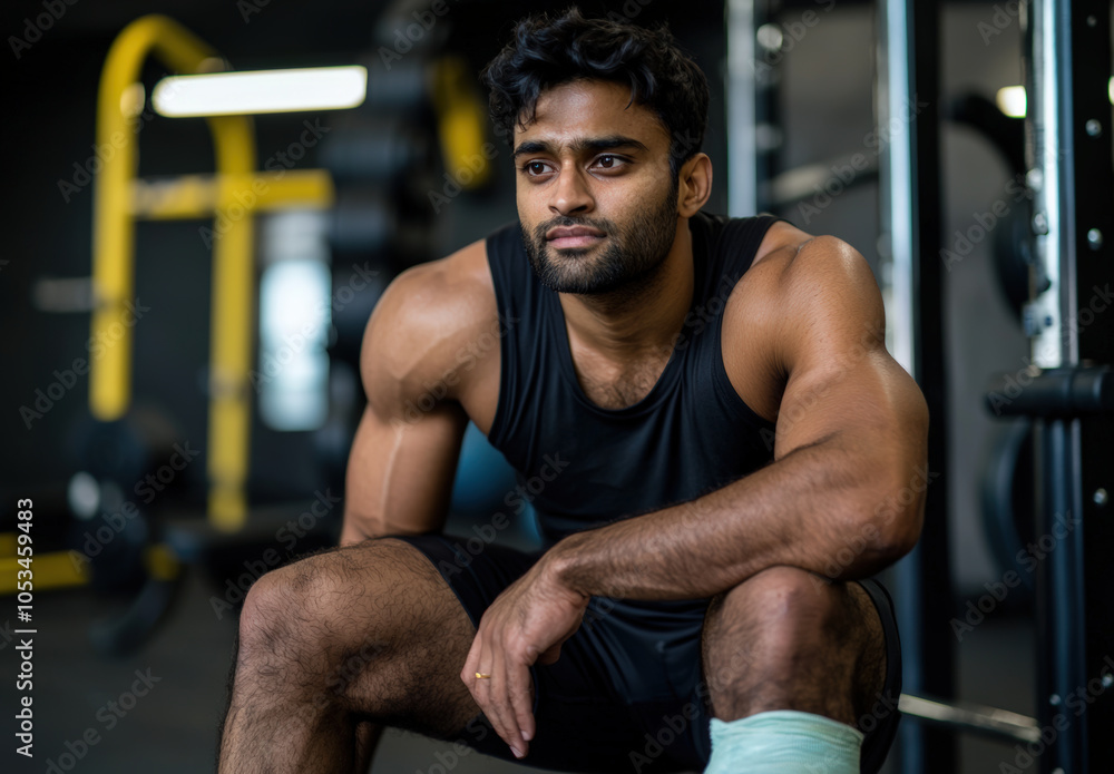 muscular man in black tank top and shorts sits thoughtfully in gym, showcasing his strength and determination. atmosphere is focused and energetic, perfect for fitness enthusiasts muscular man in black tank top and shorts sits thoughtfully in gym, showcasing his strength and determination. atmosphere is focused and energetic, perfect for fitness enthusiasts