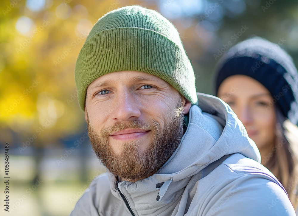 smiling man wearing green beanie and light jacket enjoys sunny autumn day in park, radiating warmth and happiness smiling man wearing green beanie and light jacket enjoys sunny autumn day in park, radiating warmth and happiness