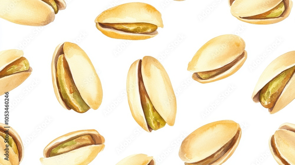 Watercolor illustration of Pistachios nuts isolated on white background,Watercolor hand drawn illustration,Hand drawn nuts,hand drawn set design template for packaging,for menu cafe,copy space. Watercolor illustration of Pistachios nuts isolated on white background,Watercolor hand drawn illustration,Hand drawn nuts,hand drawn set design template for packaging,for menu cafe,copy space.
