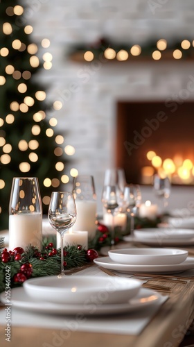 Elegant Christmas Dinner Setting with Warm Lights and Holiday Decor photo