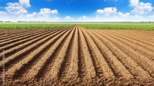 Plowed Field Rows Ready For Planting with Blue Sky and Clouds