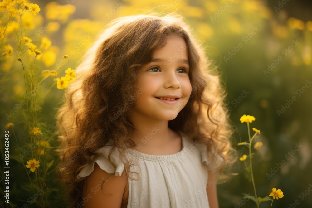 Beautiful little girl with long curly hair on the background of yellow flowers Beautiful little girl with long curly hair on the background of yellow flowers