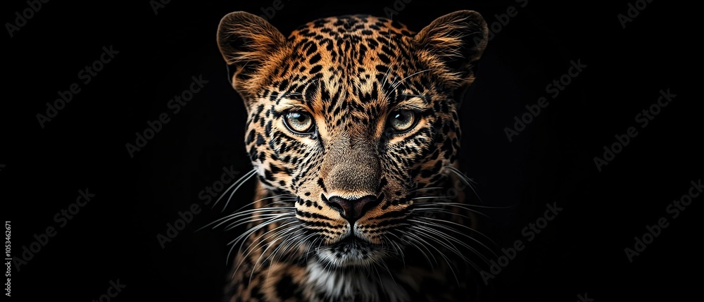 Close-up portrait of a leopard's face with piercing eyes and a focused gaze. Close-up portrait of a leopard's face with piercing eyes and a focused gaze.
