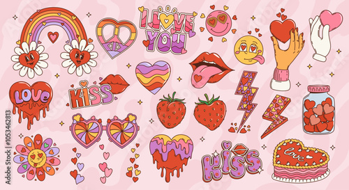 Cartoon retro groovy hippie love symbols and signs. Vector vintage love hearts, flowers and rainbow, funky sunglasses, lips, strawberries and kiss emojis. Psychedelic hippy peace sign, hand with heart