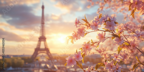 Fototapeta Naklejka Na Ścianę i Meble -  Beautiful Parisian cityscape with blooming flowers on a spring day. Springtime in Paris, France.