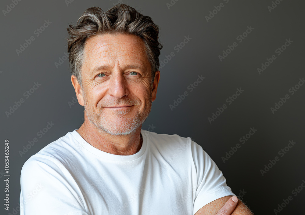 middle aged man with gray hair and beard smiles confidently while wearing white t shirt. His relaxed posture and warm expression convey sense of approachability and friendliness middle aged man with gray hair and beard smiles confidently while wearing white t shirt. His relaxed posture and warm expression convey sense of approachability and friendliness