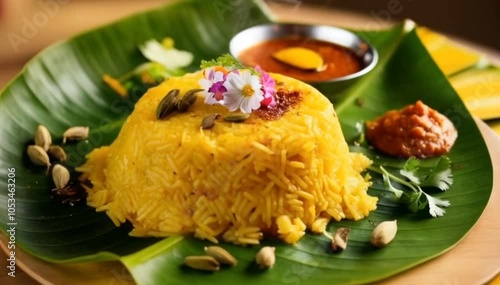 Serving pongal sweet on banana leave as traditional style of south Indian,Onam food traditional style