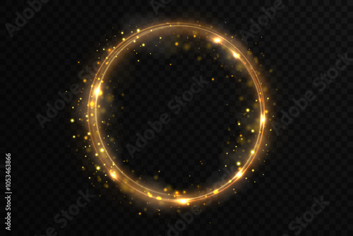 Christmas circle background with golden light neon effect. Glowing circle line with neon effect. Glowing blue circle trace. Magical glitter swirl trail effect on black background. 