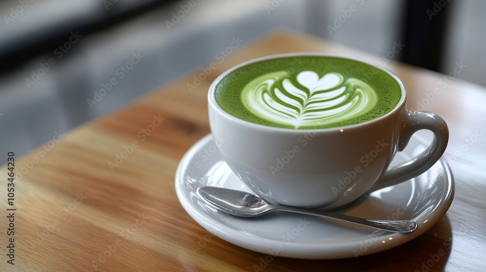 A beautifully crafted matcha latte in a white cup with intricate latte art on a wooden table. A beautifully crafted matcha latte in a white cup with intricate latte art on a wooden table.