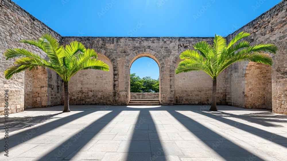 Obraz premium Stone Archway with Palm Trees and Sunlight in Courtyard