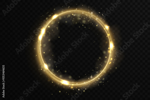 Christmas circle background with golden light neon effect. Glowing circle line with neon effect. Glowing blue circle trace. Magical glitter swirl trail effect on black background. 