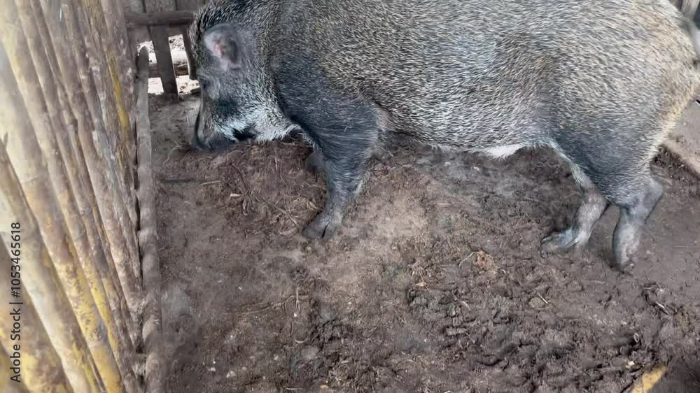 wild boar,  wild boar inside a wooden enclosure, showcasing its rough, dark fur and sturdy build. The animal stands in a dirt-covered area, habitat of wild boars