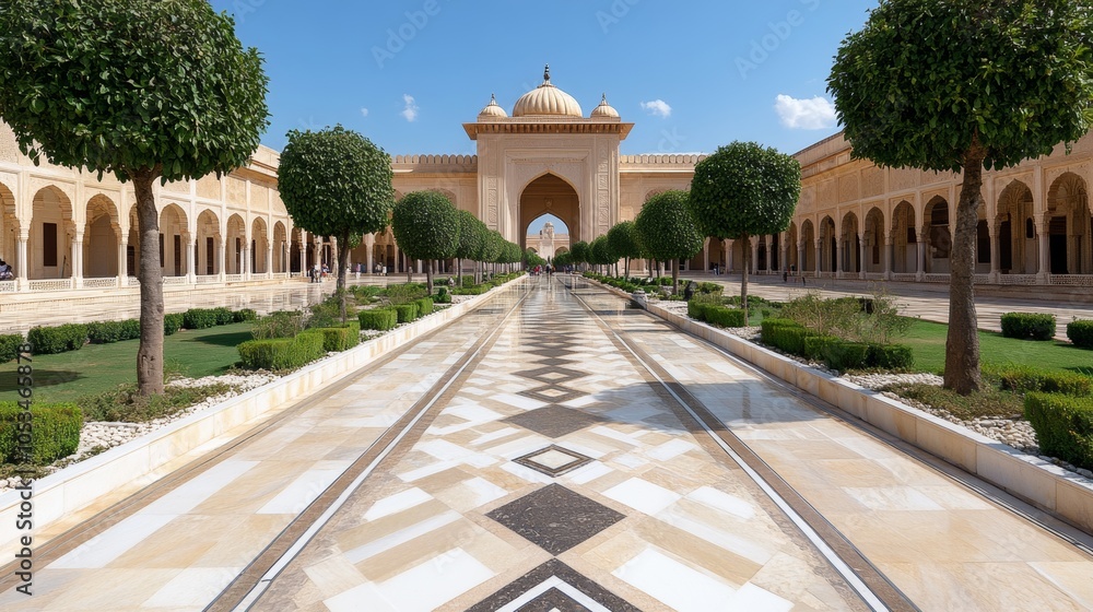 Obraz premium Grand Mosque Courtyard Islamic Architecture Marble Pathway Ornamental Trees