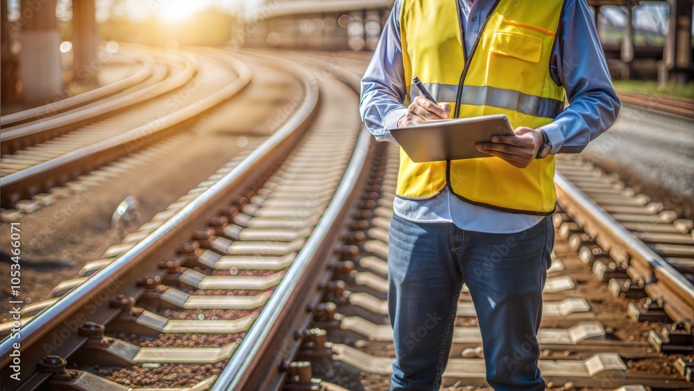 Fototapeta premium Railway Engineer Inspecting Tracks with Tablet at Sunset