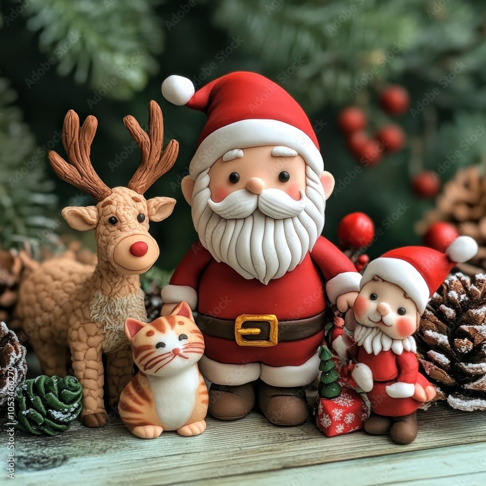 Santa Claus, a reindeer, a cat, and a small elf figurine stand in front of a pine tree with pinecones. Santa Claus, a reindeer, a cat, and a small elf figurine stand in front of a pine tree with pinecones.