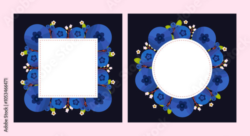 Square and circle size of blueberry flowers greeting card and invitation template for wedding or birthday anniversary, Vector shape of text box label and frame