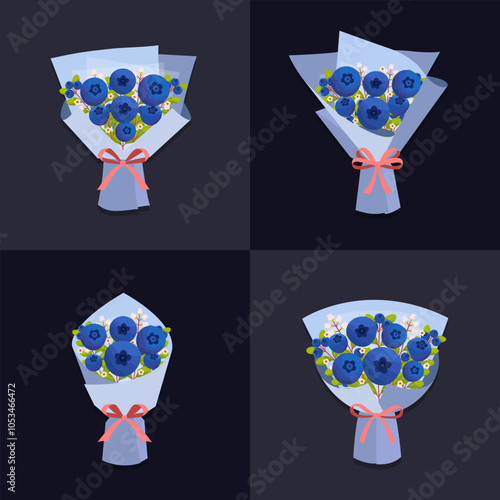 Vector blueberry flower bouquet isolated set with ribbon