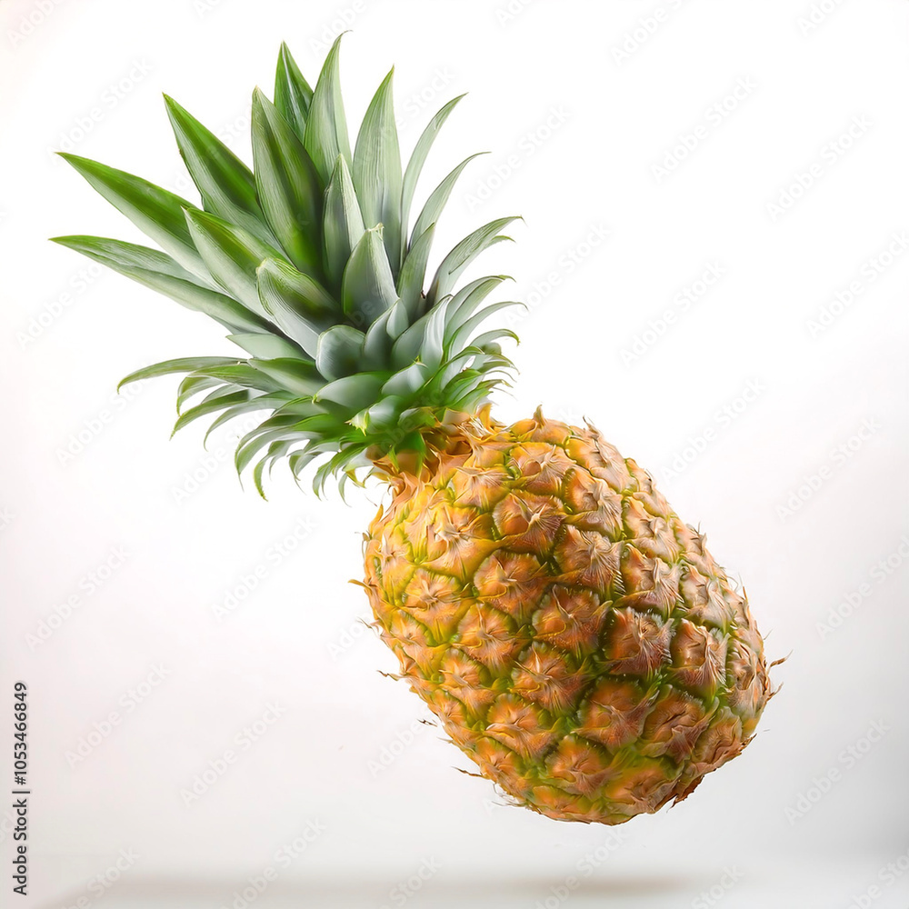 Obraz premium Pineapple fruits with leaves floating or flying isolated white background
