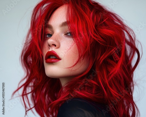 Portrait of a woman with cherry red hair showcasing vibrant color and bold fashion style