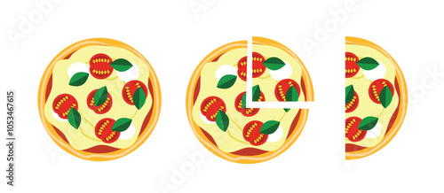 Full Pizza Margherita and Slices. Eating and preparing Italian food vector art