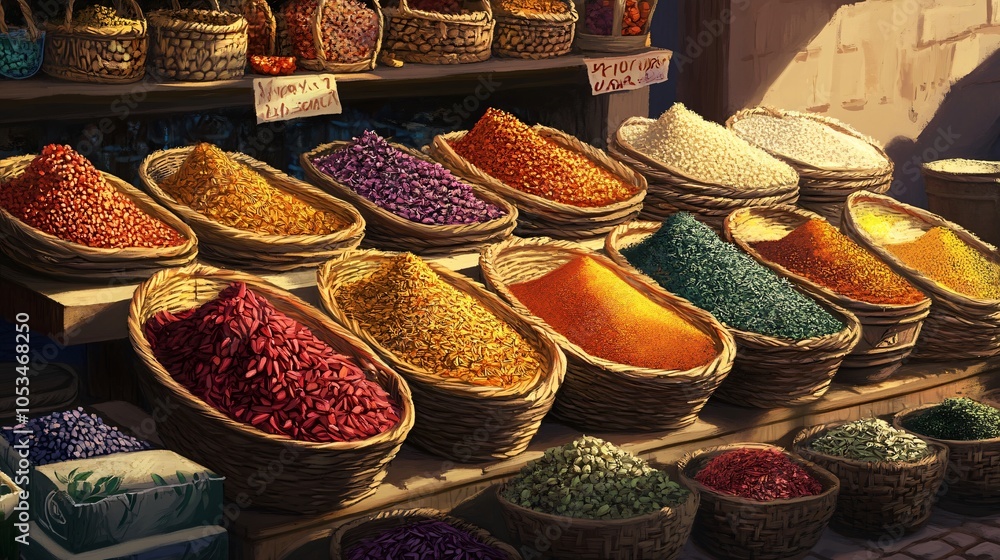 Fototapeta premium Colorful Spices and Grains in a Traditional Market Stall