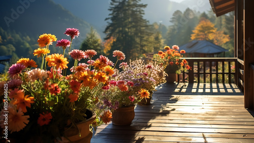 autumn flowers in pots on the balcony of the chalet, view of the autumn mountains from the hotel on a trip in October