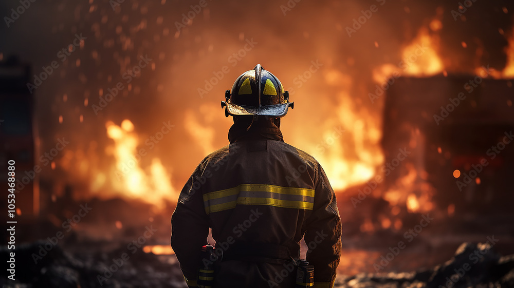 one firefighter, a man on fire, a view from the back, against the background of a burning fire in a fire, fiction, computer graphics one firefighter, a man on fire, a view from the back, against the background of a burning fire in a fire, fiction, computer graphics