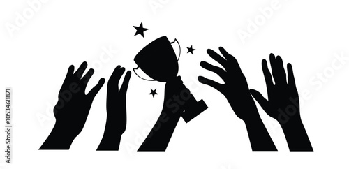 Silhouette Hands of a Winning Team with a Cup. People, sports and other competition activities vector art