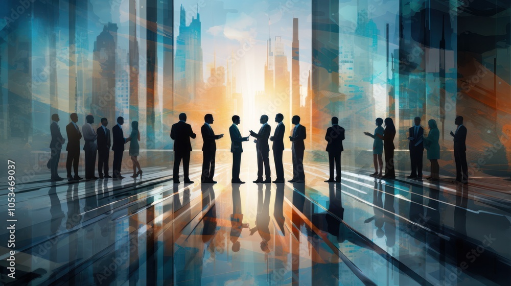 A dynamic scene of silhouetted business men and women shaking hands, their reflections merging in a mirror, A dynamic scene of silhouetted business men and women shaking hands, their reflections merging in a mirror,