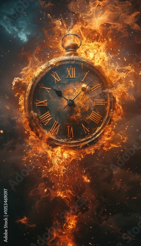 Explore the abstract concept of time wasting as the clock ticks away, with metaphorical flames of urgency engulfing the end of time, reminding us of life's finite nature.