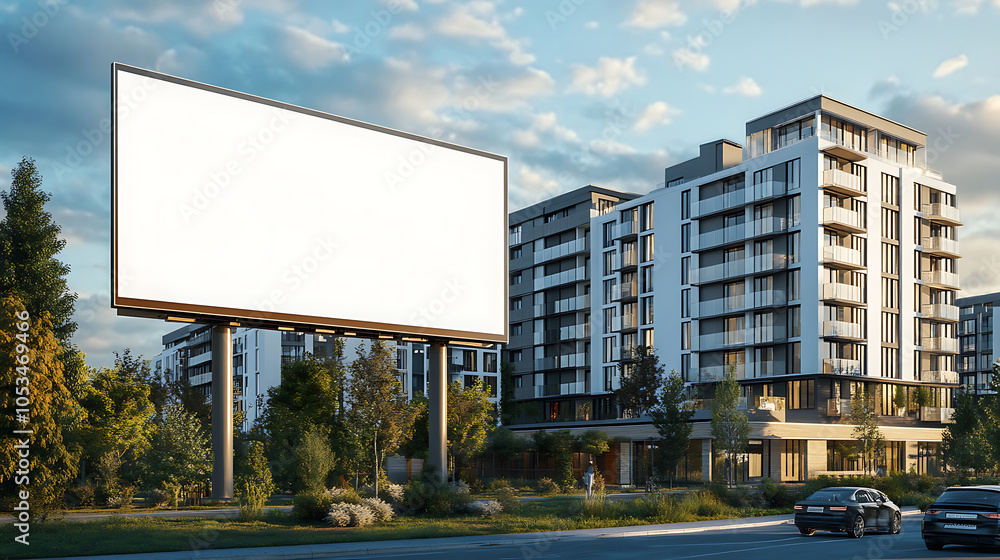 Obraz premium prominent blank white billboard stands beside modern residential buildings, showcasing potential