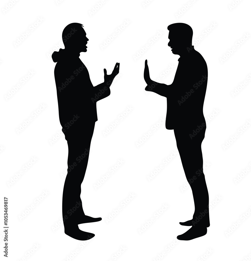 Silhouettes of Two Men Arguing or Having a Conversation. People, activities and expressing emotions vector art Silhouettes of Two Men Arguing or Having a Conversation. People, activities and expressing emotions vector art