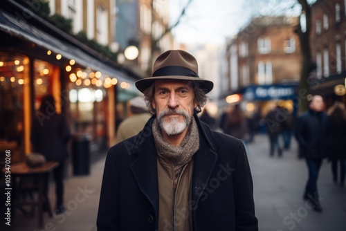 Handsome middle-aged man with gray beard and mustache, wearing a coat, hat and scarf, walking on a street in London.