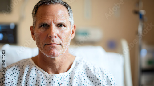 65-Year-Old Male Patient in Hospital Bed with Serious Expression