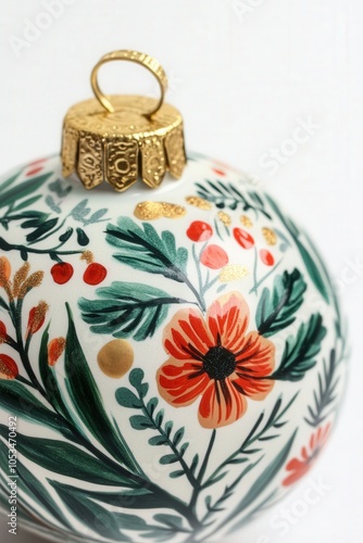 Hand-painted christmas ornament featuring a beautiful floral design with gold accents, adding a touch of elegance to holiday decor