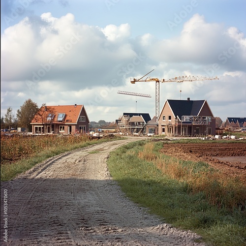 Houses being built, construction of new homes behind a field of grass in Beuningen, Gelderland, The Netherlands photo