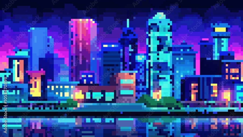 Obraz premium Bright neon illustration of a city at night.