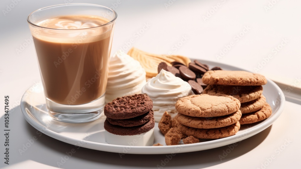 A delicious arrangement of a latte in a clear glass mug surrounded by an assortment of homemade cookies on a pristine white background. A delicious arrangement of a latte in a clear glass mug surrounded by an assortment of homemade cookies on a pristine white background.