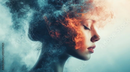 Serene Escape: A woman's profile, enveloped in swirling colors of teal and orange smoke, evokes a sense of calm and ethereal beauty.