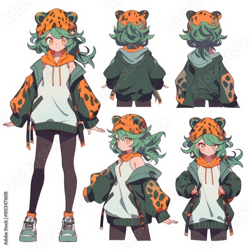 A digital illustration of a cute cartoon girl character in various poses, wearing a green and orange leopard print hoodie and hat.